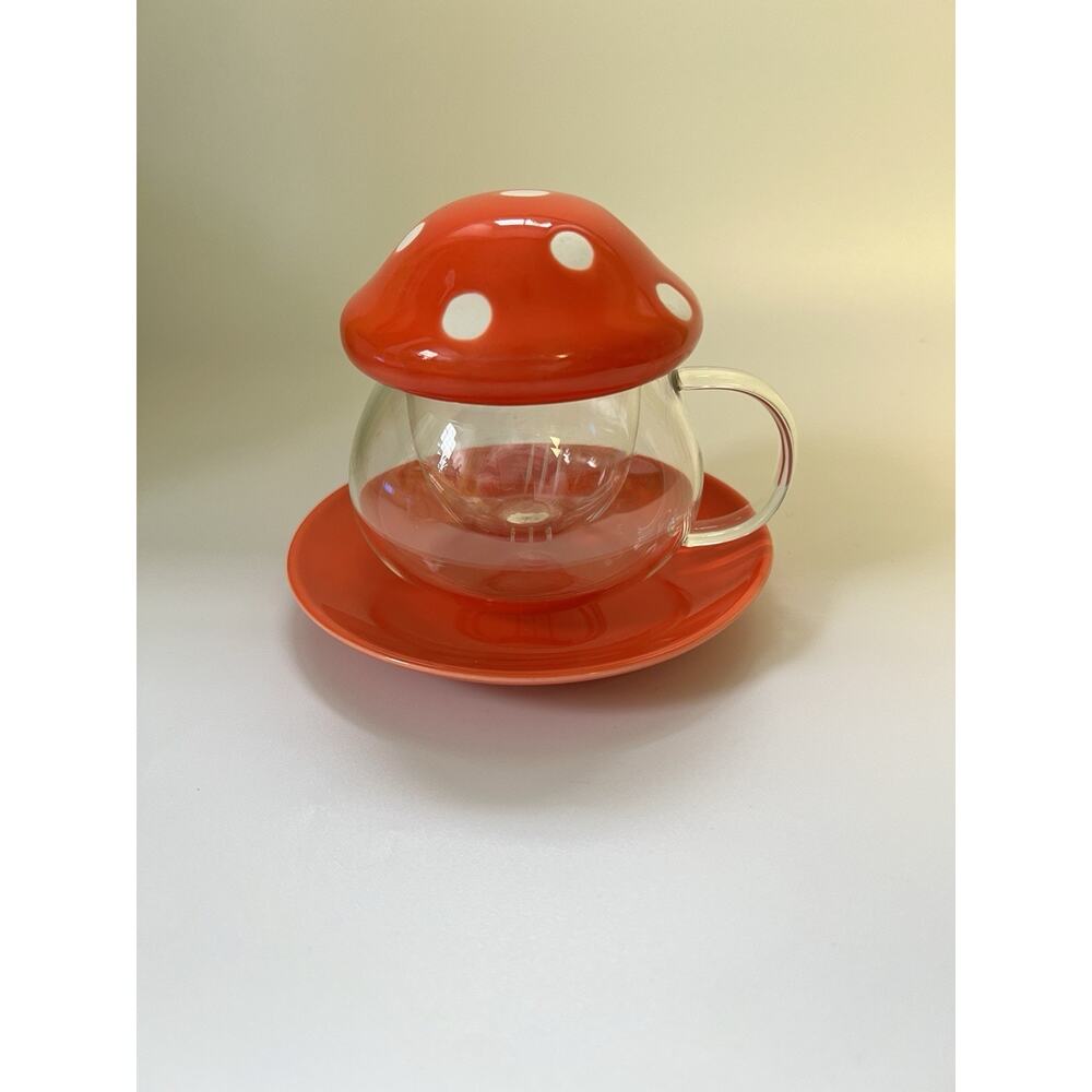 MUSHROOM TEA CUP SET w Strainer Ceramic Lid & Coaster Glass 3 Piece Loose Leaf